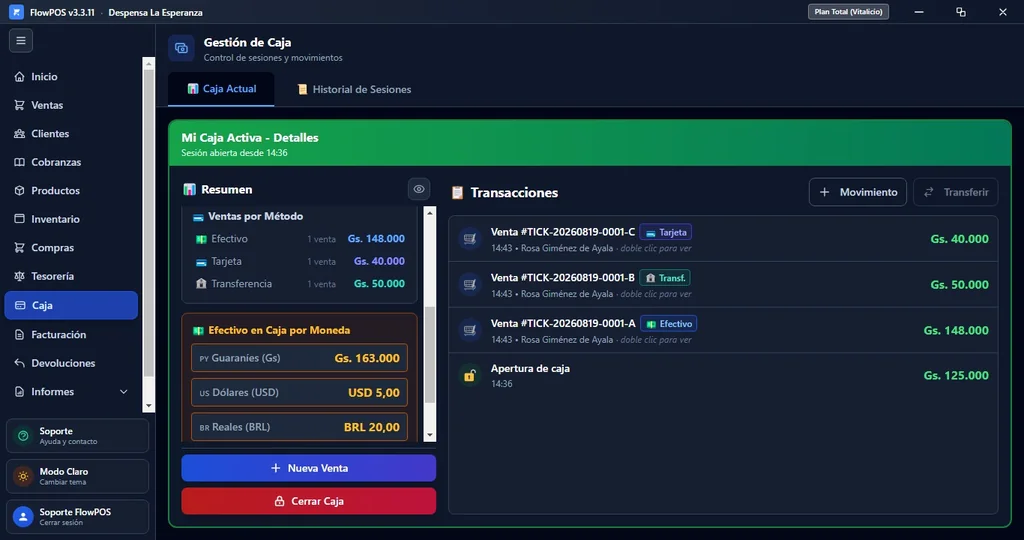 Gestión de caja en FlowPOS: sesión abierta, ventas por método de pago y transacciones del día