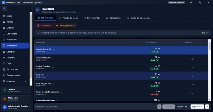 Control de inventario en FlowPOS con el stock actual de cada producto y alertas de stock bajo